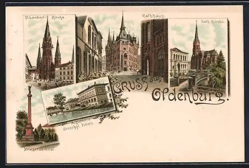 Lithographie Oldenburg / Oldenburg, Rathaus, katholische Kirche, St. Lambert- Kirche