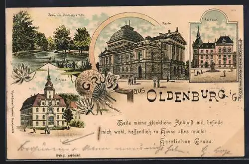 Lithographie Oldenburg i. Gr., Theater, Rathaus, Partie am Schlossgarten