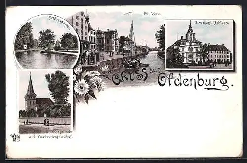 Lithographie Oldenburg / Oldenburg, Grossherzogliches Schloss, Kirchhofslinde am Gertrudenfriedhof