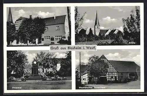 AK Blasheim i. Westf., Geschäftshaus Gottlieb Bussiek, Kirche, Westf. Bauernhaus, Ehrenmal