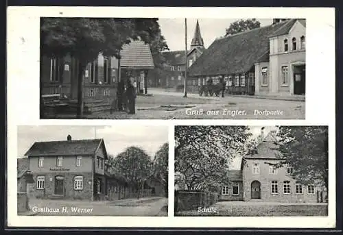 AK Engter, Gasthaus H. Werner, Schule, Dorfpartie