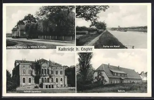 AK Kalkriese b. Engter, Bäckerei, Kolonialwarenhandlung und Mühle A. Hatke, Schloss Barenaue, Schule