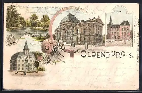 Lithographie Oldenburg i /Gr., Schloss, Theater, Rathaus