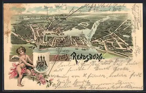 Lithographie Rendsburg, Ortspanorama, Engel mit Rosen