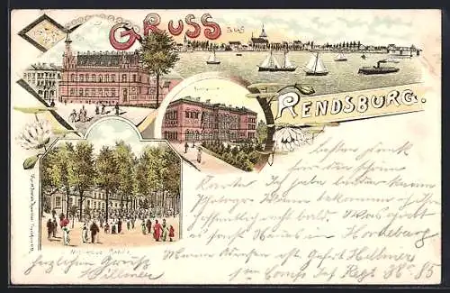 Lithographie Rendsburg, Teilansicht, Post, Nobiskrüger Gehölz