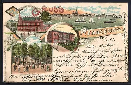 Lithographie Rendsburg, Teilansicht, Post, Nobiskrüger Gehölz