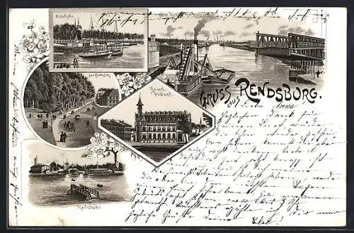 Lithographie Rendsburg, Kaiserl. Postamt, Karlshütte, Jungfernstieg