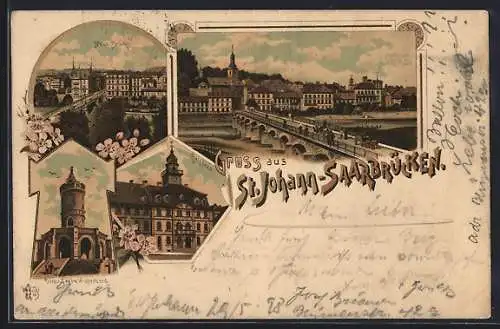 Lithographie Saarbrücken-St. Johann, Rathaus, Neue Brücke, Denkmal auf dem Winterberg