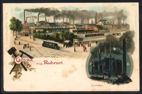 Lithographie Duisburg-Ruhrort, Eisenbahn bringt die Arbeiter, Hochofen, Strassenbahn