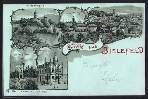 Lithographie Bielefeld, Post, Drei-Kaiser-Turm, Sparrenburg, Panorama