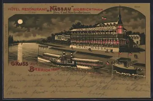 Mondschein-Lithographie Biebrich a. Rhein, Hotel Restaurant Nassau von Carl Machenheimer