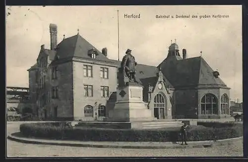 AK Herford, Bahnhof und Denkmal des grossen Kurfürsten