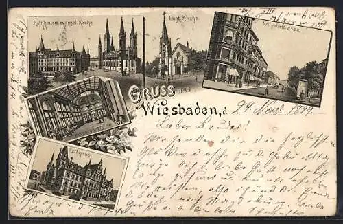 Lithographie Wiesbaden, Rathaus, Kochbrunnen, Wilhelmstrasse