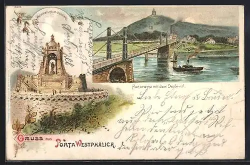 Lithographie Porta Westfalica, Panorama mit Denkmal, Kaiser-Wilhelm-Denkmal, Boote