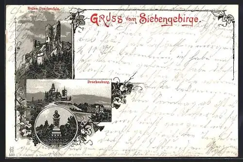 Lithographie Drachenburg /Siebengebirge, Ruine Dachenfels und Denkmal