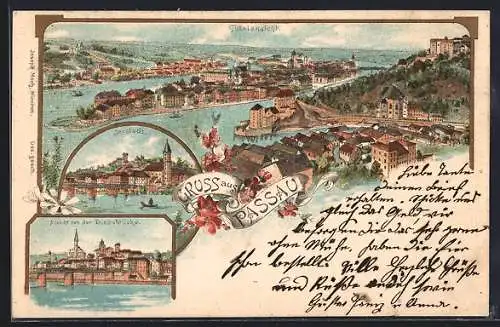 Lithographie Passau, Donaubrücke, Innstadt und Totale