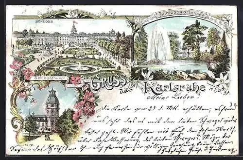 Lithographie Karlsruhe, Schlossturm, Blick auf das Schloss, Schlossgartensee