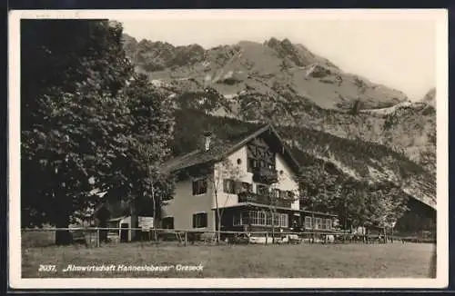 AK Graseck, Gasthaus Almwirtschaft Hanneslebauer mit Bergpanorama