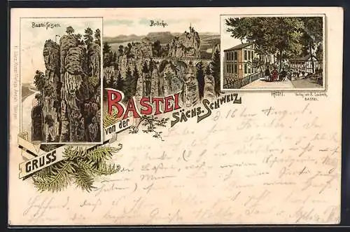 Vorläufer-Lithographie Bastei /Sächs. Schweiz, 1894, Hotel, Basteifelsen und Brücke