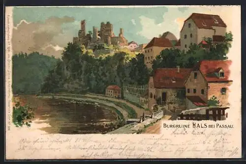 Lithographie Hals, Ortspartie mit Burgruine