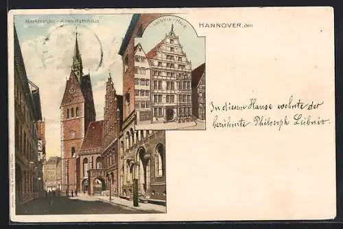 Lithographie Hannover, Leibnizhaus und Rathaus mit Marktkirche