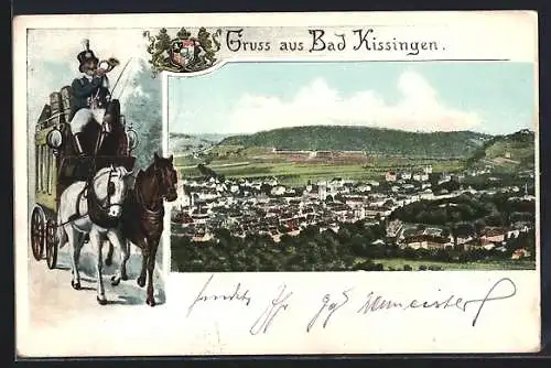 AK Bad Kissingen, Ortsansicht mit Wappen, Postkutsche