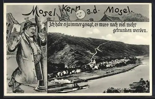 AK Moselkern a. d. Mosel, Totalansicht am Fluss, Passepartout mit Trinker