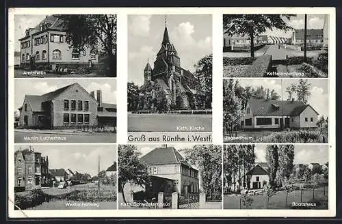 AK Rünthe i. Westf., Westenhellweg, Bootshaus und Kettelersiedlung