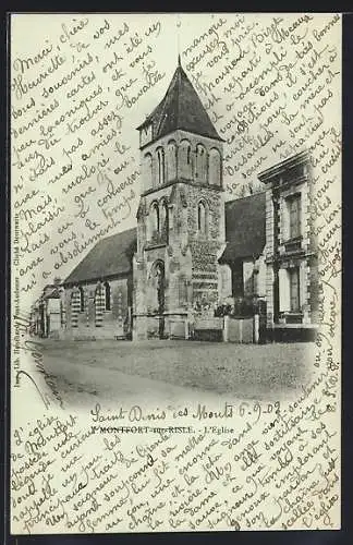 Mondschein-AK Montfort-sur-Risle, L`Église et vue de la rue adjacente