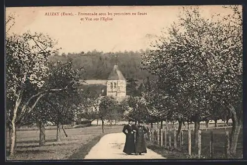 AK Alizay, Promenade sous les pommiers en fleurs et vue sur l`église