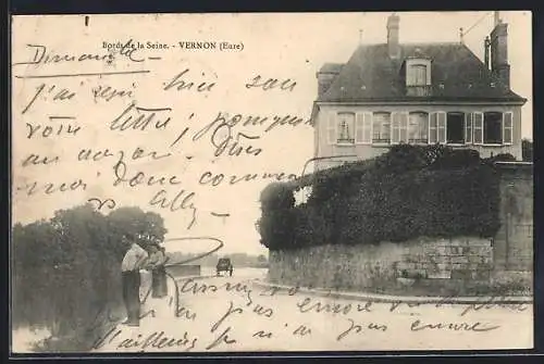 AK Vernon, Bord de la Seine avec maison et personnage au premier plan