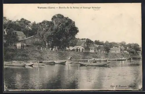 AK Vernon, Bords de la Seine et Garage Senecier