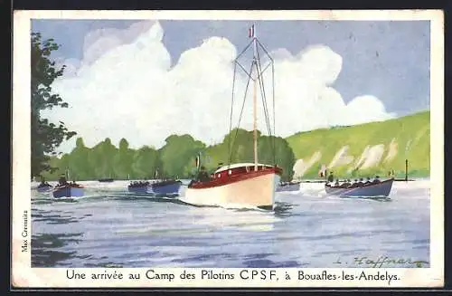 AK Bouafles-les-Andelys, arrivée au Camp des Pilotes CPSF en bateau