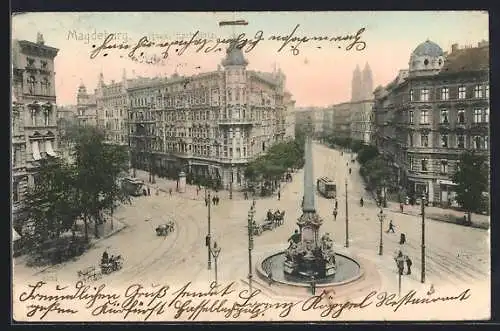 AK Magdeburg, Hasselbachplatz mit Strassenbahnen, Leuten und Denkmal