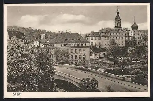 AK Greiz, Ortsansicht mit Brücke