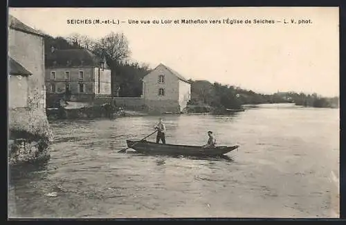 AK Seiches, Vue du Loir et Matheflon vers l`église de Seiches