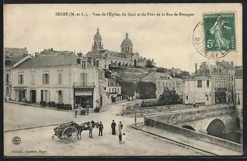 AK Segré, Vues de l`Église, du Quai et du Pont de la Rue de Bretagne