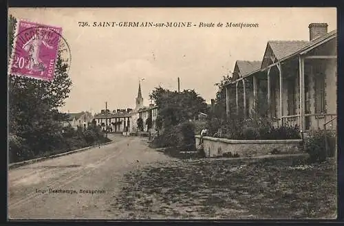 AK Saint-Germain-sur-Moine, Route de Montfaucon avec maisons et clocher au loin