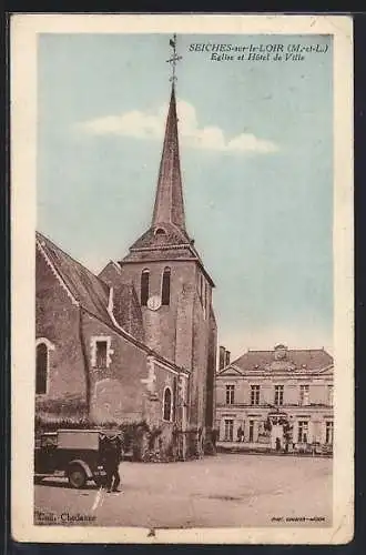 AK Seiches-sur-le-Loir, Église et Hôtel de Ville