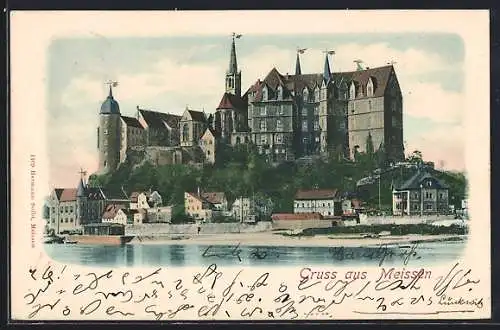 AK Meissen / Sa., Ortsansicht vom Wasser aus mit Albrechtsburg