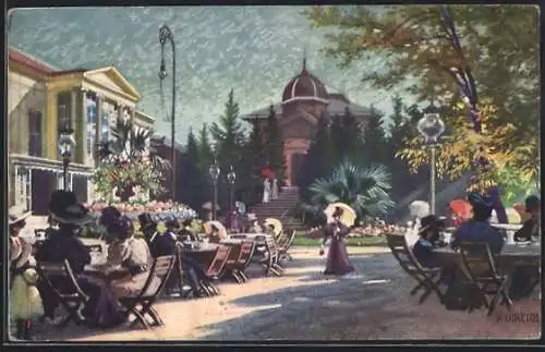 Künstler-AK Wien-Schönbrunn, Terrasse von Wallners Meierei im Tivoli-Park