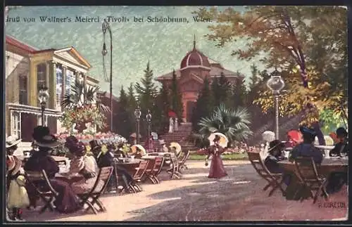 Künstler-AK Wien-Schönbrunn, Terrasse von Wallners Meierei im Tivoli-Park