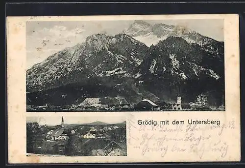 AK Grödig, Ortsansicht vor dem Untersberg