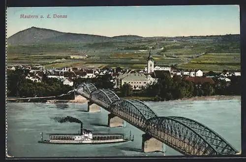 AK Mautern a. d. Donau, Dampfer passiert die Brücke