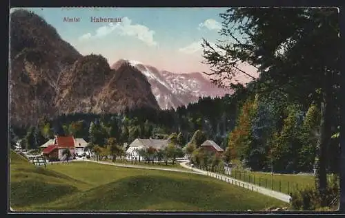 AK Grünau /Almtal, Habernau, Blick aufs Gebirge