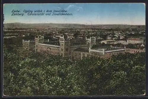 AK Lemberg, Totalansicht und Invalidenhaus aus der Vogelschau