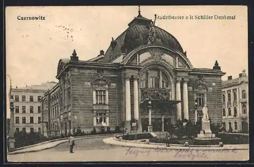 AK Czernowitz, Stadttheater mit Schiller Denkmal