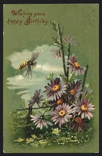Präge-AK Fliegende Biene vor Wiesenblumen, Geburtstagsgruss