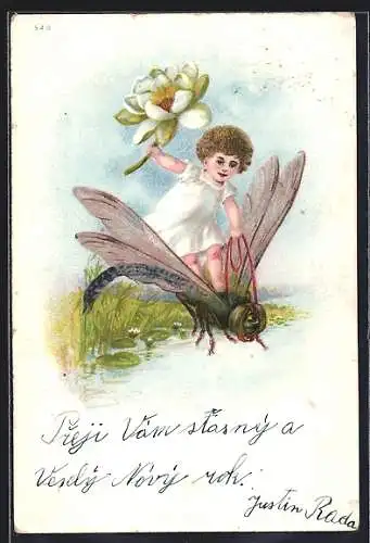 Lithographie Kleinkind fliegt auf dem Rücken einer Libelle