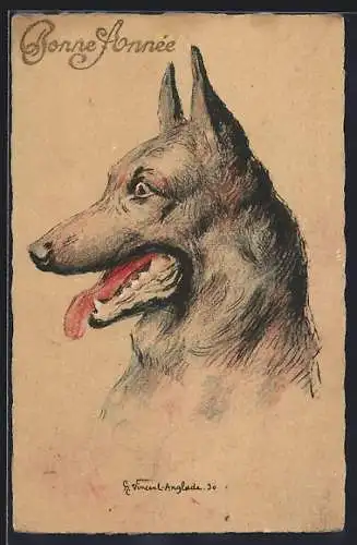 AK Schäferhund, Portrait, Neujahrsgruss